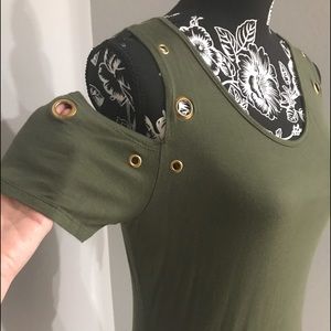 Knapp Studio Olive Army Green Cold Shoulder Blouse Shirt Rivets Size M NEW